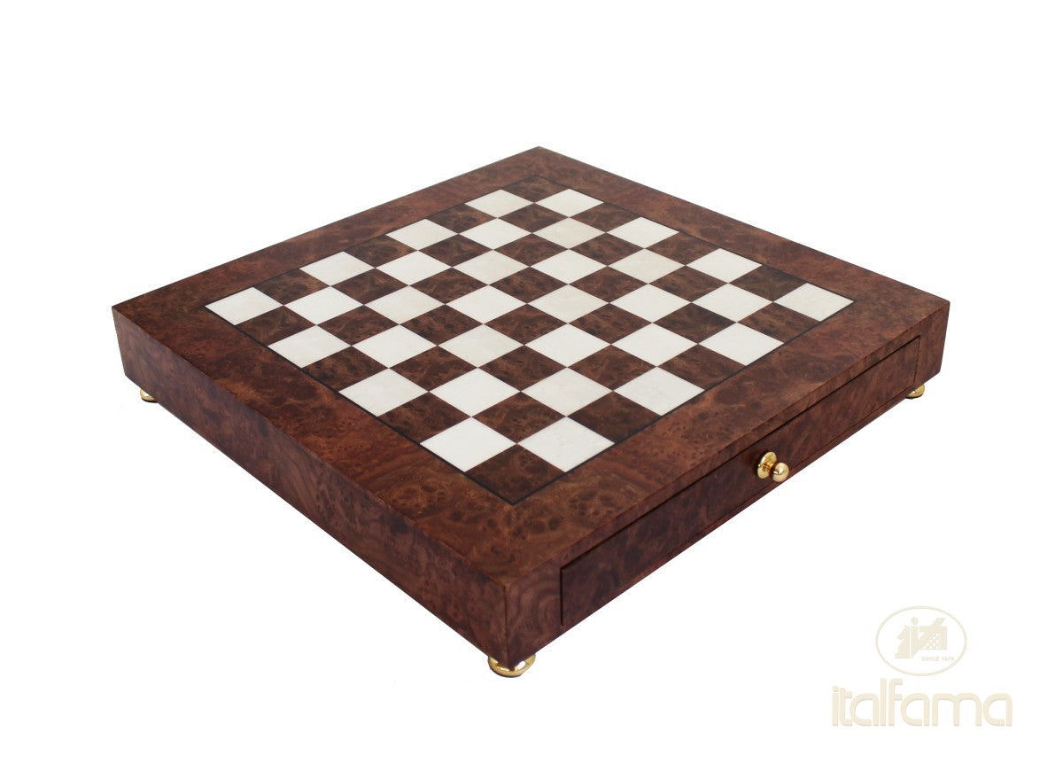 Szilfa gyökérfa sakktábla fiókkal és lábakkal