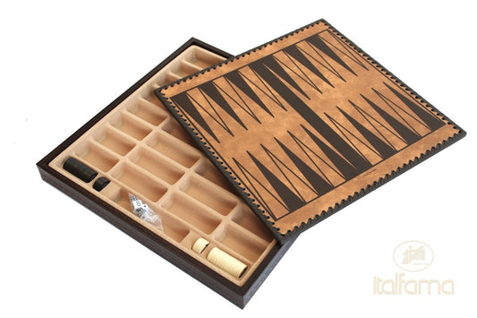 Műbőr sakktábla, arany/barna, sakkrekeszekkel, backgammon- és dámakészlettel