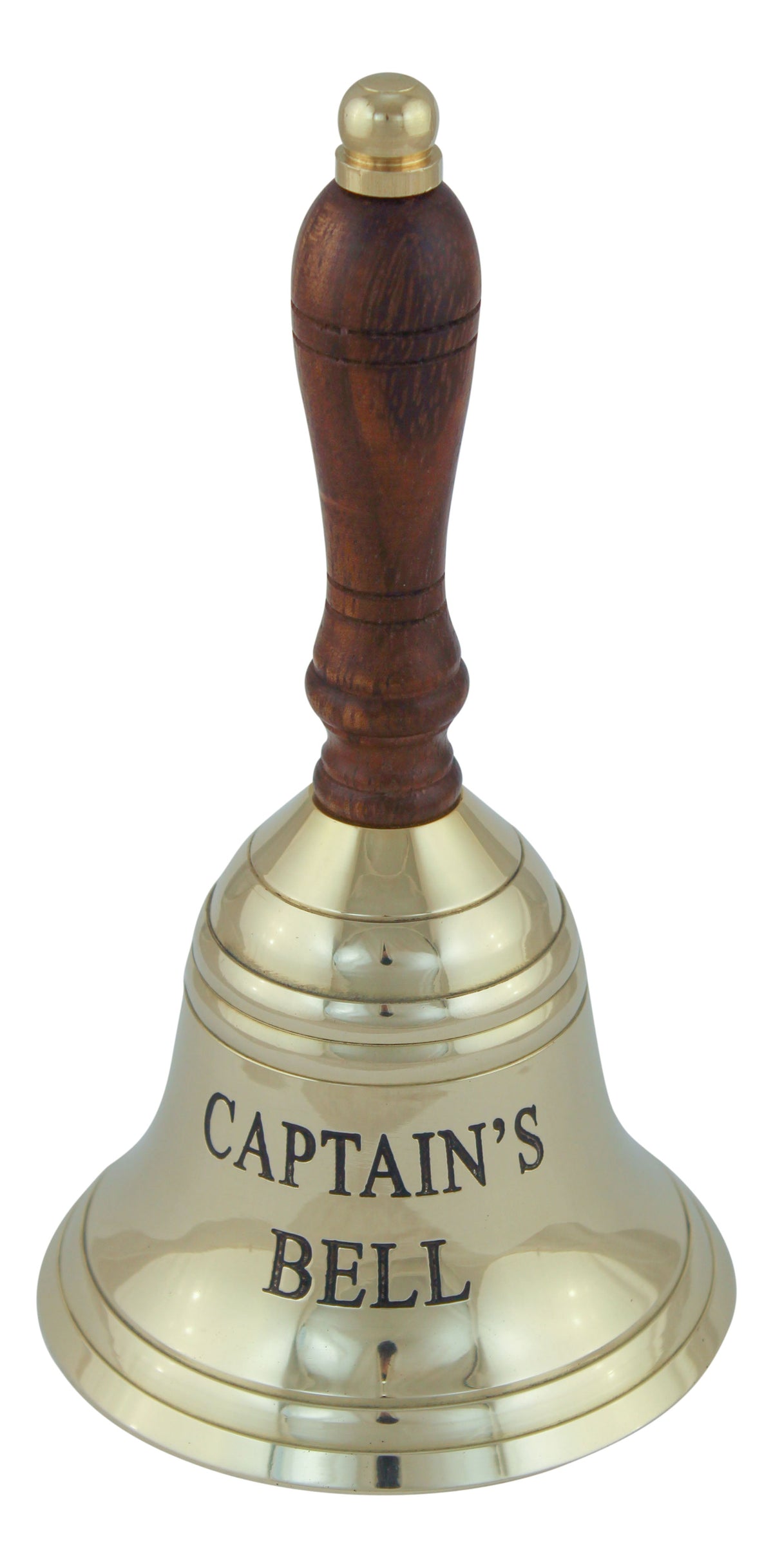 Kézi csengő, sárgaréz fa fogantyúval, bevésett "CAPTAIN'S BELL", M: 16cm, Ø: 8,5cm