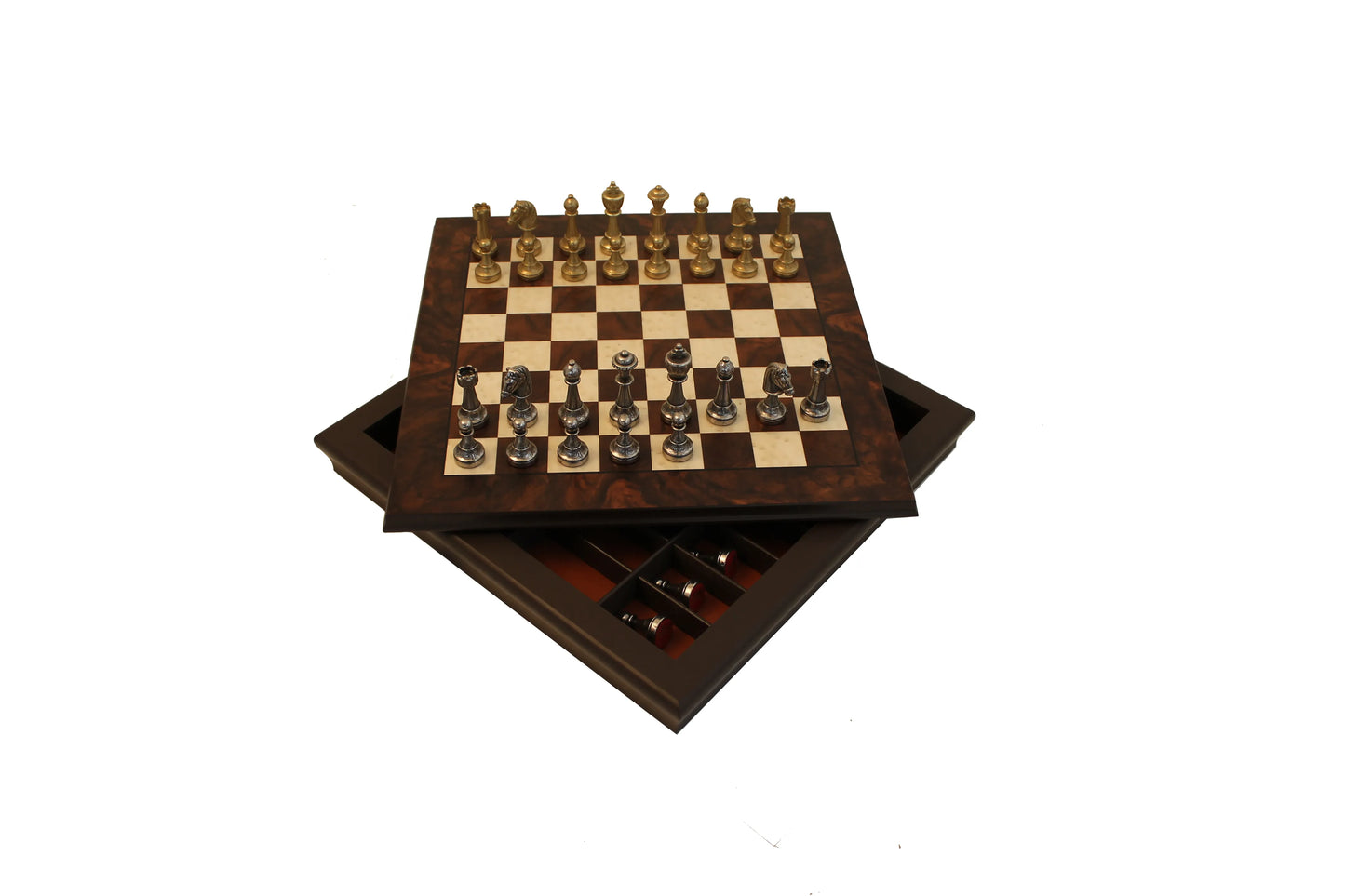 Fém sakkfigurák + diófa sakktábla bábutartó rekesszel