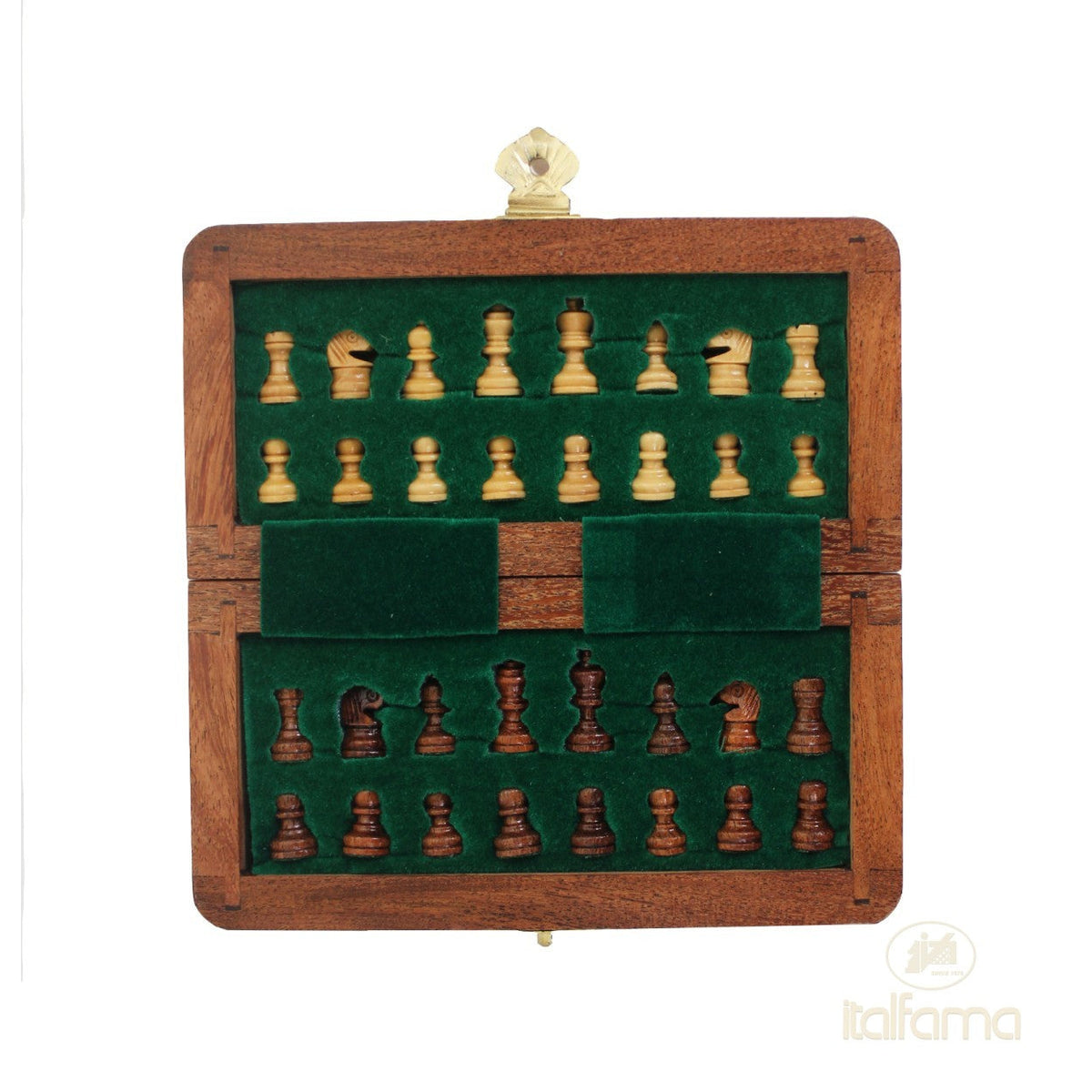 Prémium minőségű összecsukható mágneses fa sakk-készlet, 13,5x13,5 cm