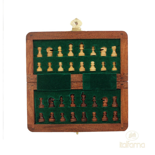 Prémium minőségű összecsukható mágneses fa sakk-készlet, 13,5x13,5 cm