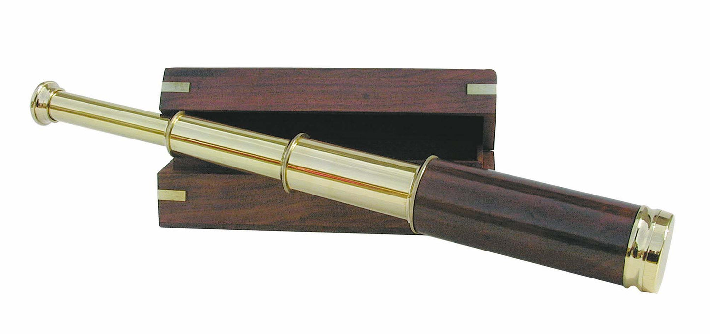 Távcső, fa/réz, hossza: 15/39 cm, átmérő: 2,5/4,5 cm, fadobozban