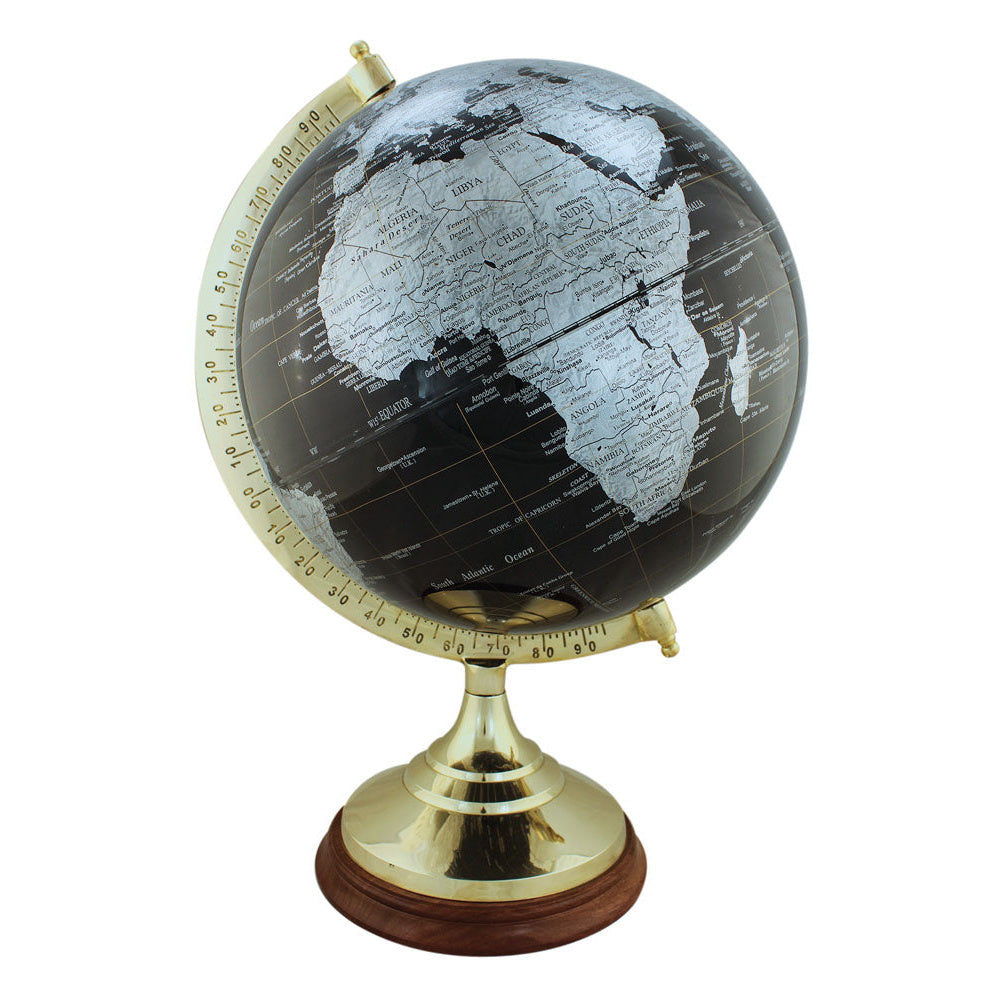 Glóbusz, fekete, sárgaréz/fa talppal, M: 47 cm, Ø: 30/20 cm