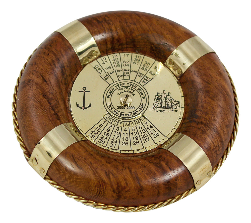 Többéves naptár - mentőöv, réz/fa, Ø: 9 cm, m: 2 cm