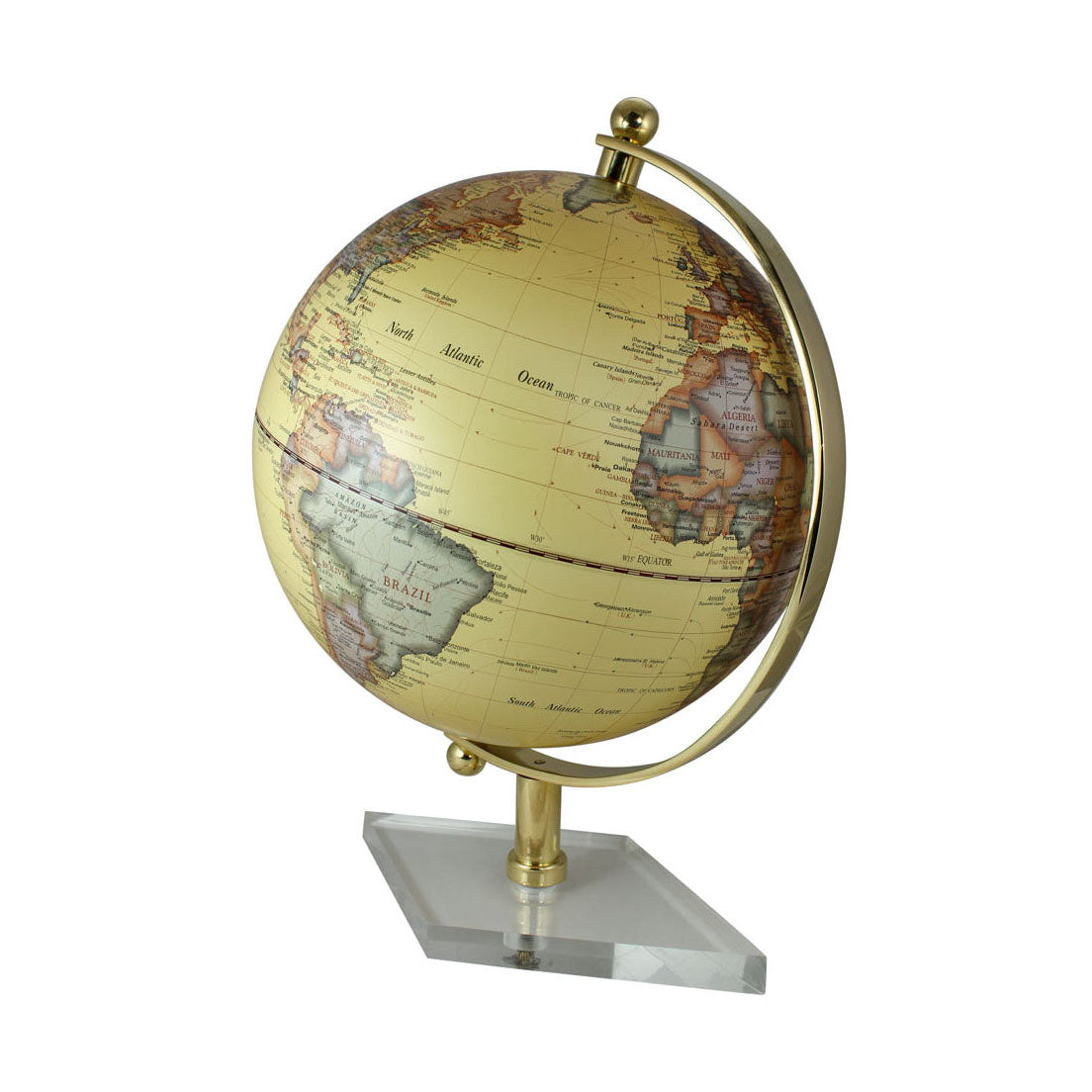 Glóbusz, krémszínű, réz akril talpon, m: 29,5cm, ø: 20cm
