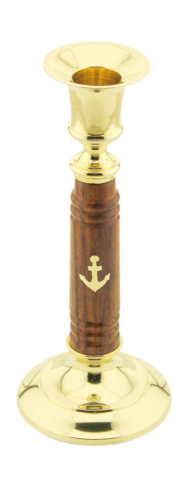 Gyertyatartó, réz/fa, m: 17,5cm, ø: 4,7 / 7,5cm