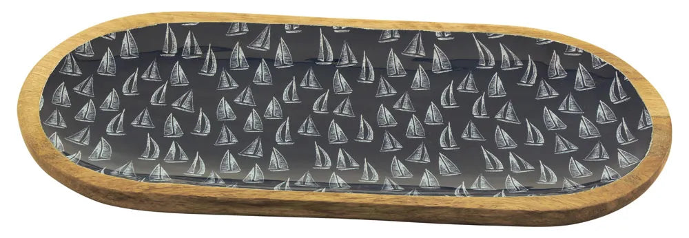 Tányér - Vitorlások, ovális, mangófa zománccal, 40x18,5x2,5cm