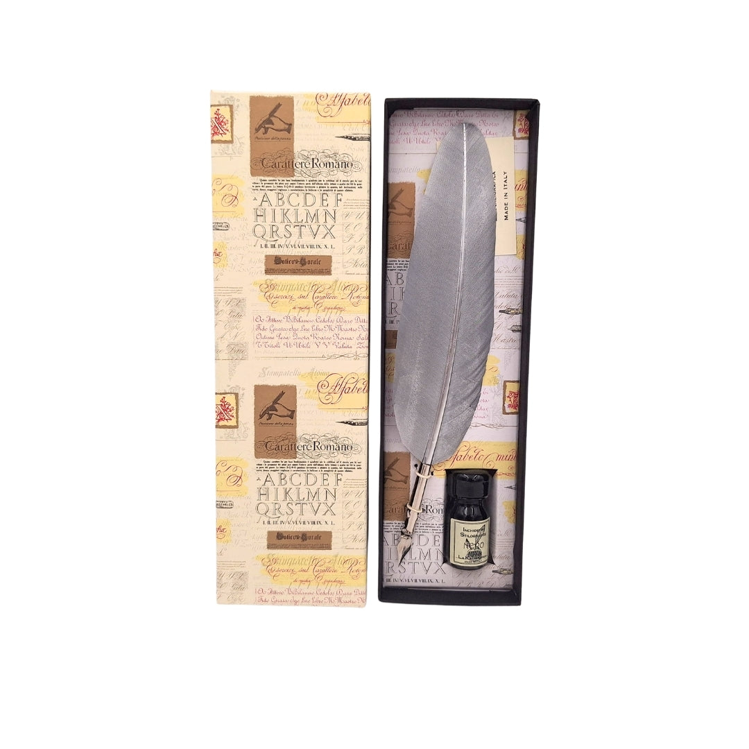 Kalligráfia Készlet – Ezüst Libatoll Toll Heggyel + Fekete Tinta