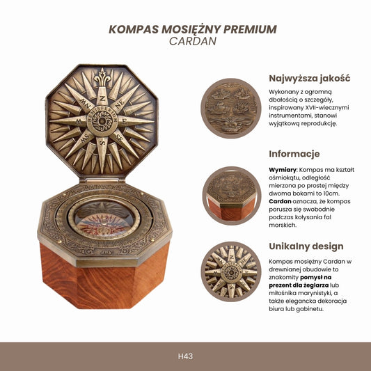 Nautikus Cardan sárgaréz iránytű fadobozban - reprodukció