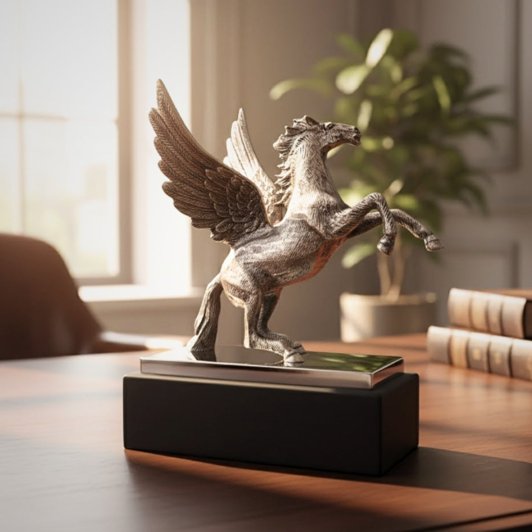 Pegazus - dekoratív alumínium figura acél és fa talpon