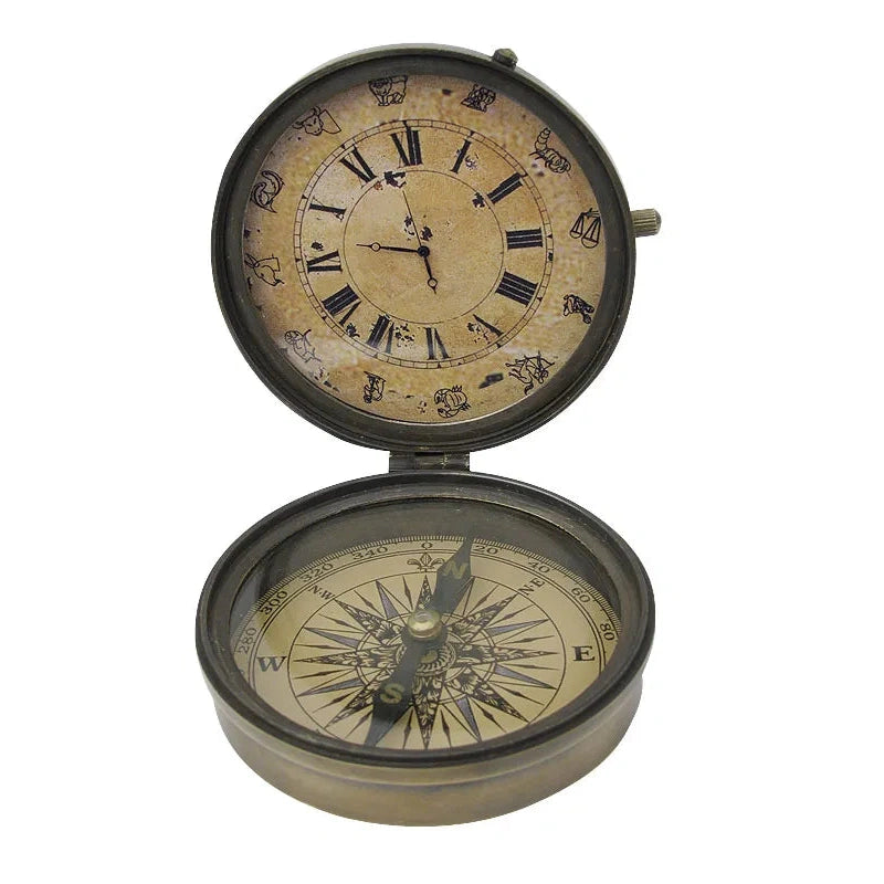 Iránytű órával, antik sárgaréz, Ø: 8,5cm, M: 3/10cm