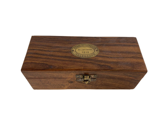 Barna bőr bevonatú réz távcső fa dobozban