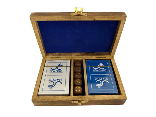 Francia kártya és dobókockák réz betétes mangó fa dobozban