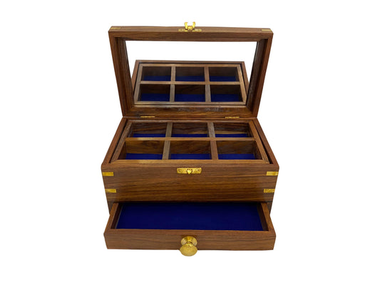 Réz betétes tükrös fa ékszertartó doboz