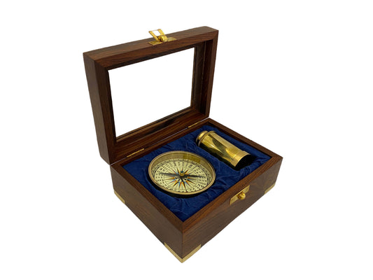 Réz iránytű és távcső fa díszdobozban
