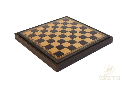 Műbőr sakktábla, arany/barna, sakkrekeszekkel, backgammon- és dámakészlettel