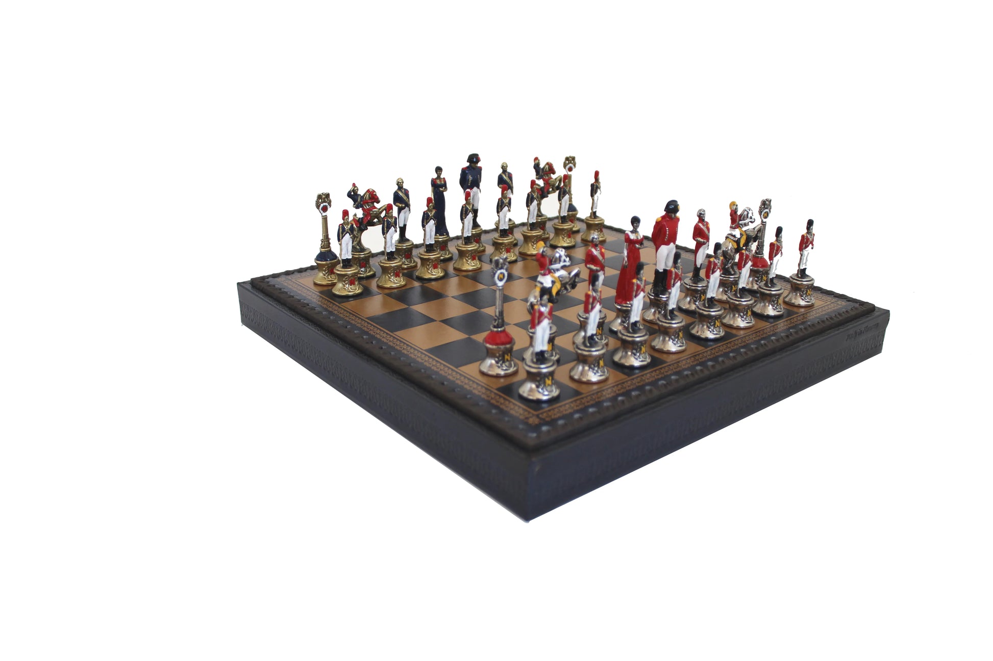 Kézzel festett fém sakkfigurák + műbőr sakktábla bábutartó rekesszel