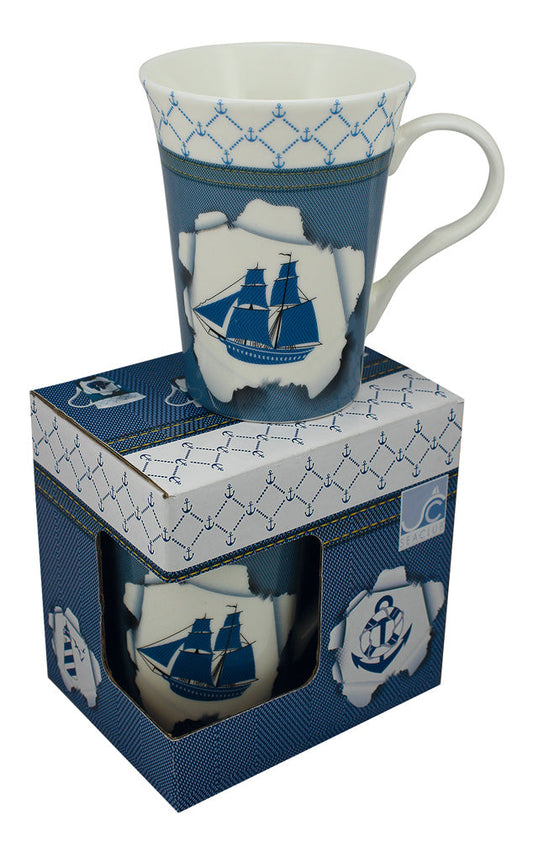 Bögre - hajó, porcelán, m: 10,5 cm, ø: 9,5/6,5 cm, díszdobozban