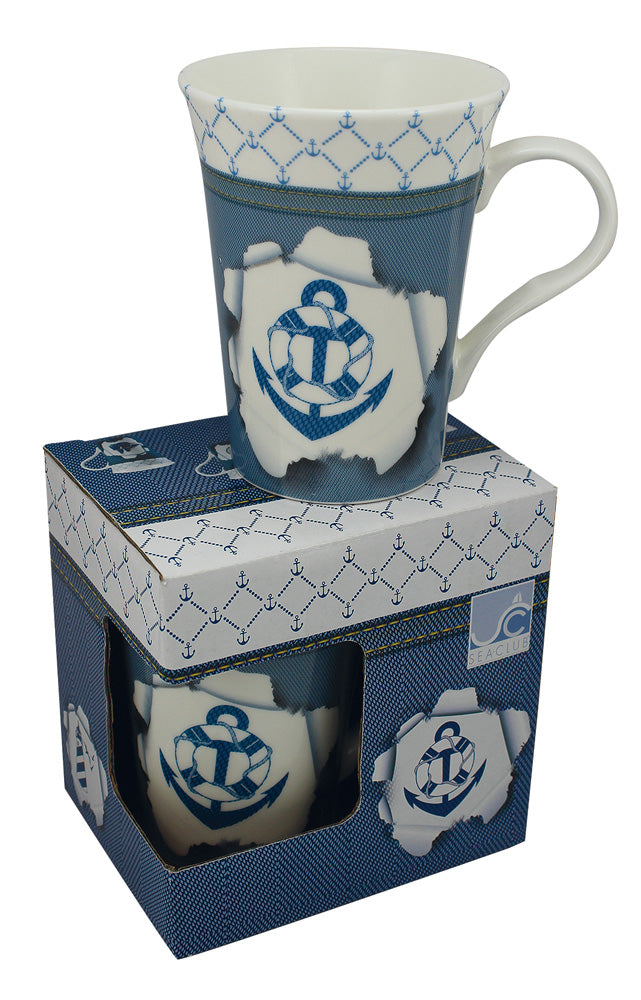 Bögre - horgony, porcelán, m: 10,5cm, ø: 9,5/6,5cm, díszdobozban