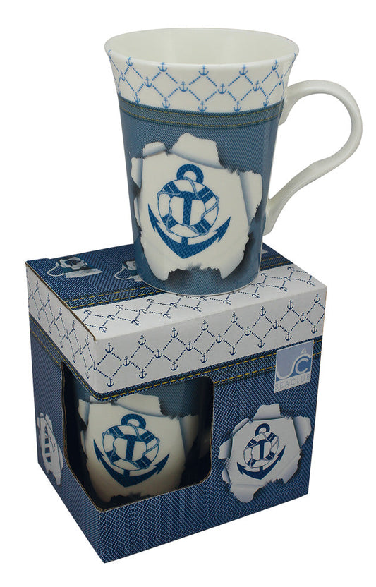 Bögre - horgony, porcelán, m: 10,5cm, ø: 9,5/6,5cm, díszdobozban