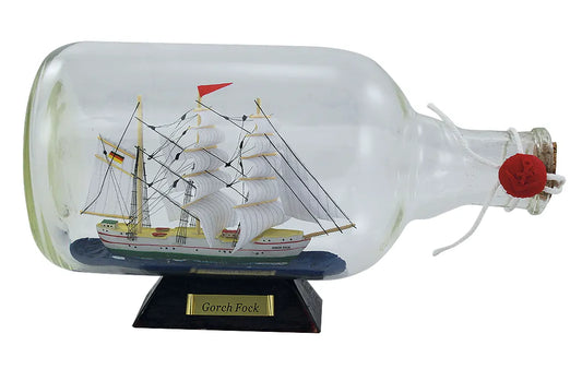 Üvegbe zárt hajó - Gorch Fock, h: 27,5 cm, m: 15 cm, ø: 12,5 cm