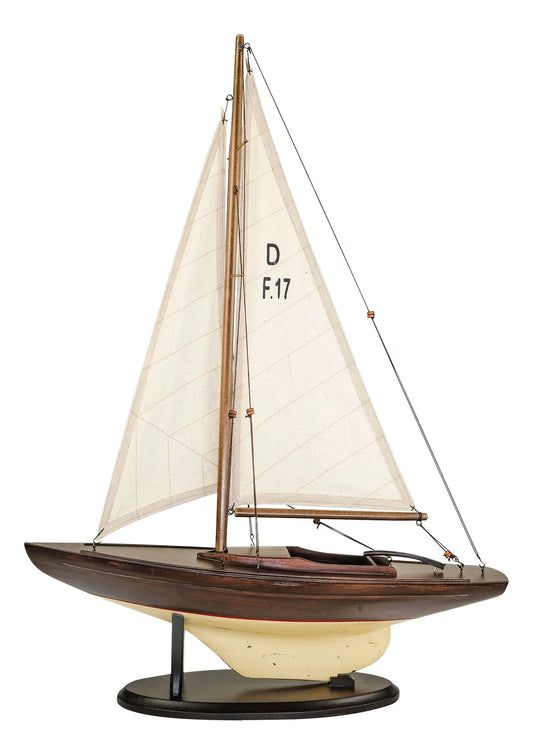 Vitorlás jacht, fa, vászonvitorlákkal, elefántcsont/barna, 42x11x55cm