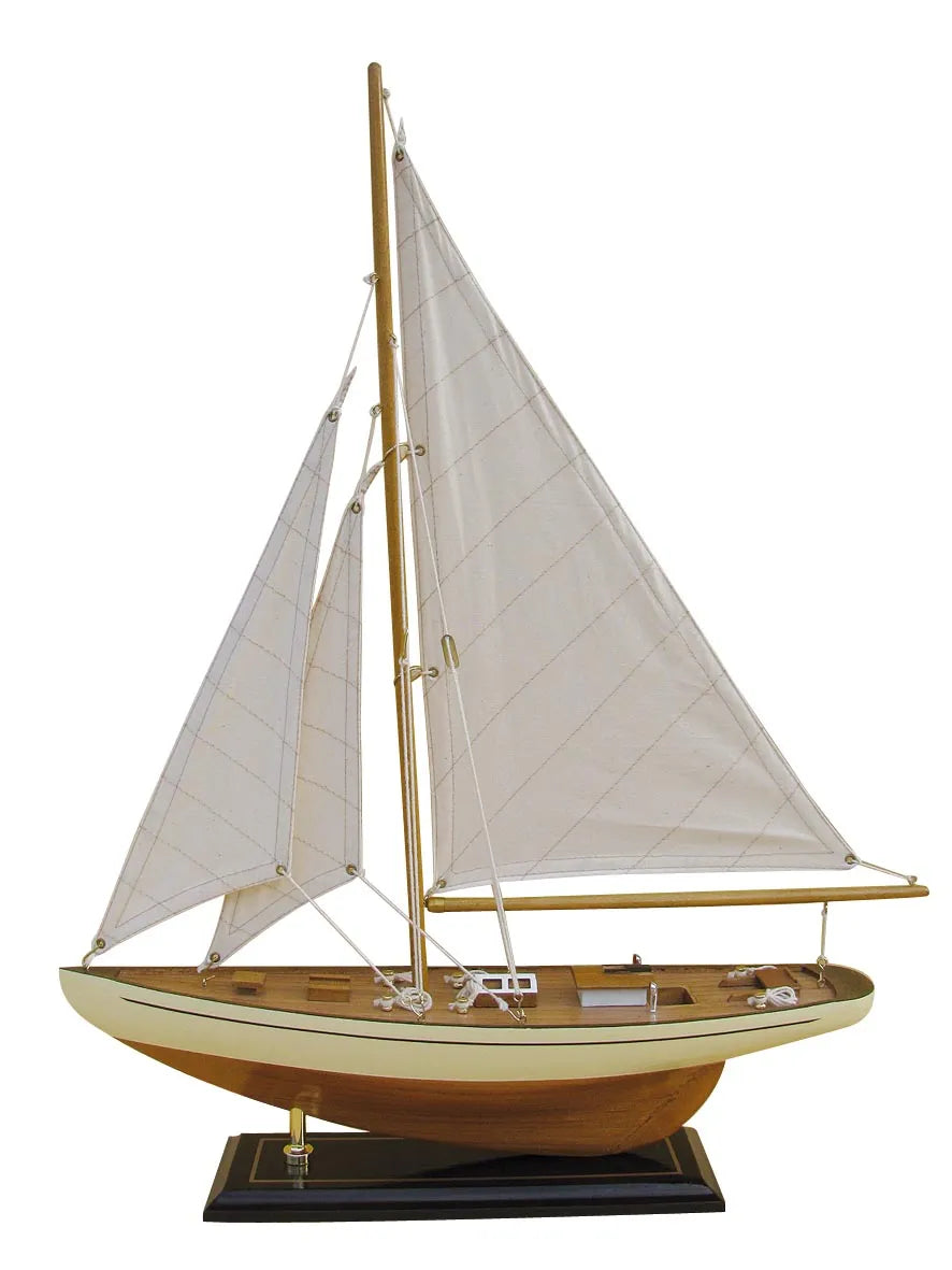 Vitorlás jacht, fából, vászonvitorlákkal, h: 40 cm, m: 54 cm