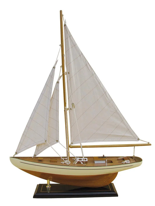 Vitorlás jacht, fából, vászonvitorlákkal, h: 40 cm, m: 54 cm