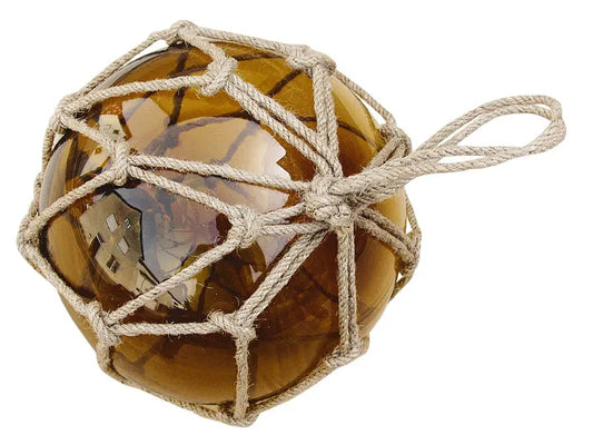 Halászüveg labda hálóban, borostyán, Ø: 17,5cm