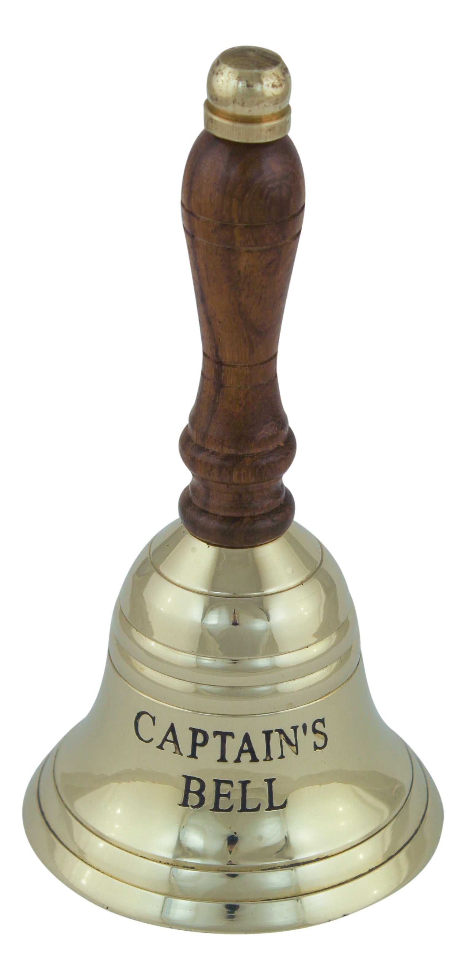 Asztali csengő, réz fa fogantyúval, kapitány csengő felirattal, m: 12,5 cm, ø: 6,5 cm
