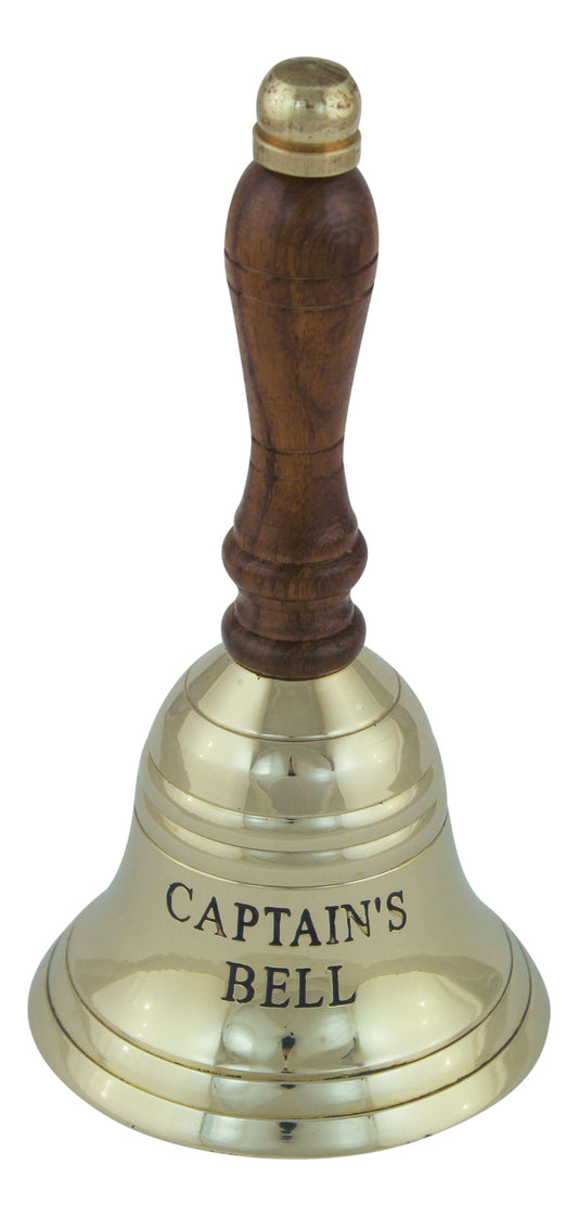 Asztali csengő, réz fa fogantyúval, kapitány csengő felirattal, m: 12,5 cm, ø: 6,5 cm