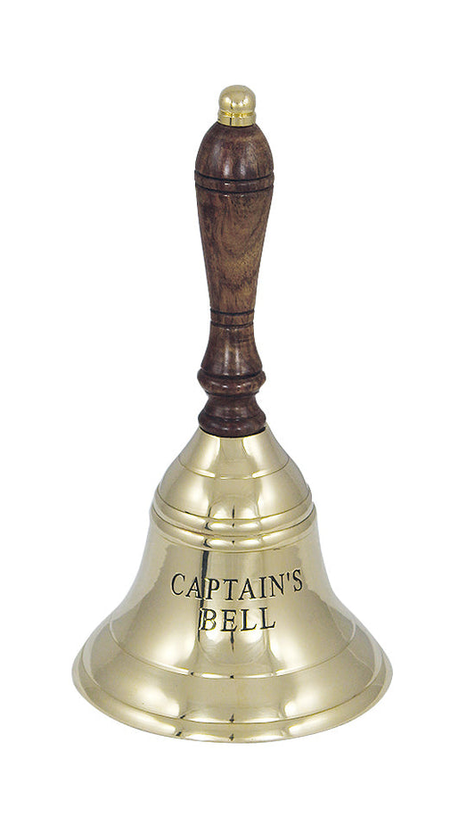 Asztali csengő, réz fa fogantyúval, belevésve kapitányi csengő, m: 21 cm, ø: 11 cm