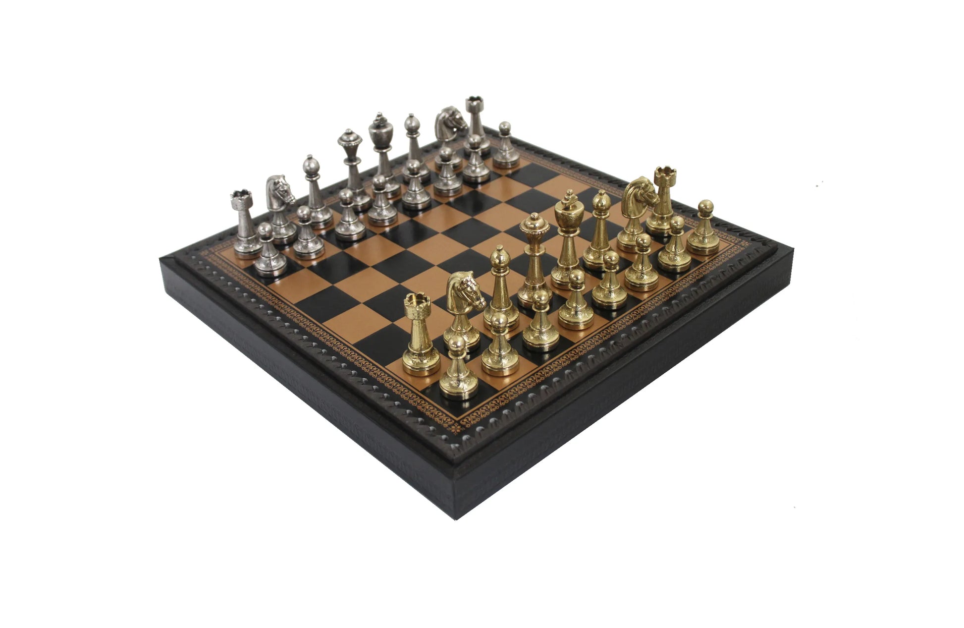 Fém sakkfigurák + műbőr sakktábla bábutartó rekesszel