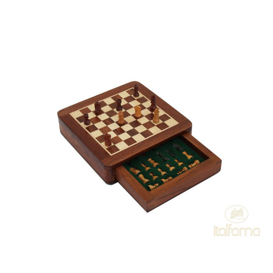Prémium minőségű mágneses fa sakk-készlet fiókkal négyzet alakú, 13,5x13,5 cm