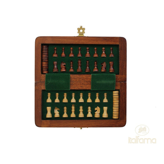 Prémium minőségű összecsukható mágneses fa sakk + dáma készlet, 13,5x13,5 cm