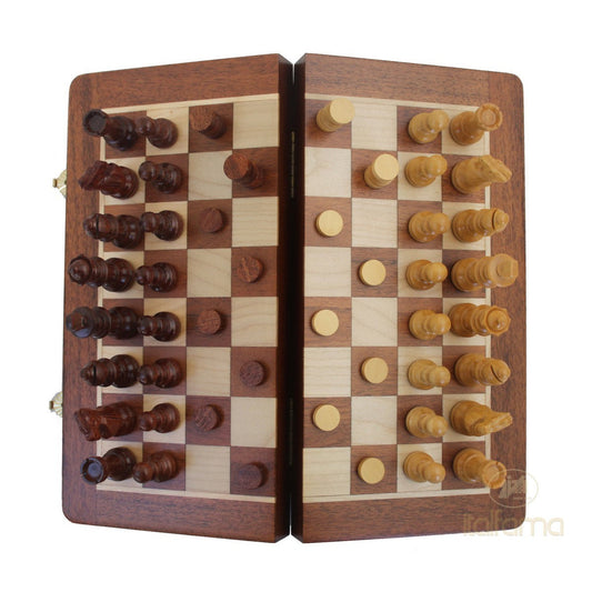 Prémium minőségű összecsukható mágneses fa sakk + dáma készlet, 35x35 cm