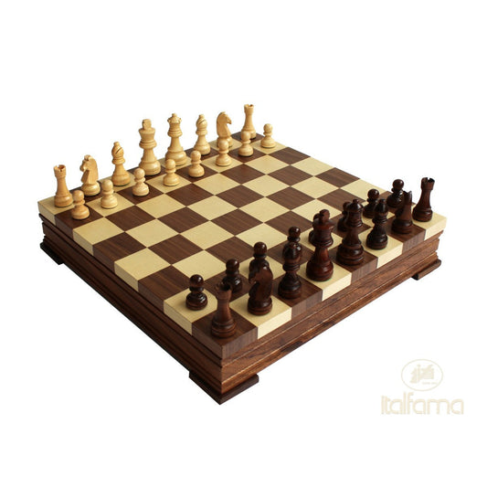 Fa multigame készlet (sakk + dáma + backgammon) dió-juhar berakással, 36x36 cm