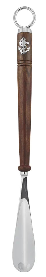 Cipőkanál, fa/nikkel bevonatú sárgaréz, H: 46 cm