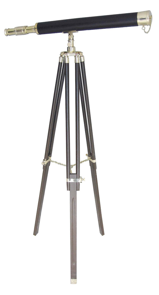 Teleszkóp állványon, réz/bőr/fa, h: 69 cm, m: 130 cm