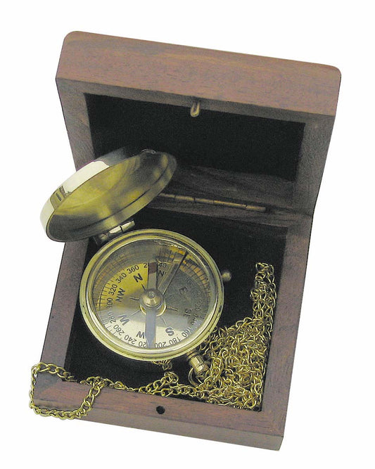 Iránytű lánccal, réz, Ø: 5cm, fadobozban