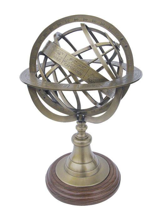 Armilláris gömb, antik sárgaréz fa alapon, M: 29cm, Ø: 18,5cm