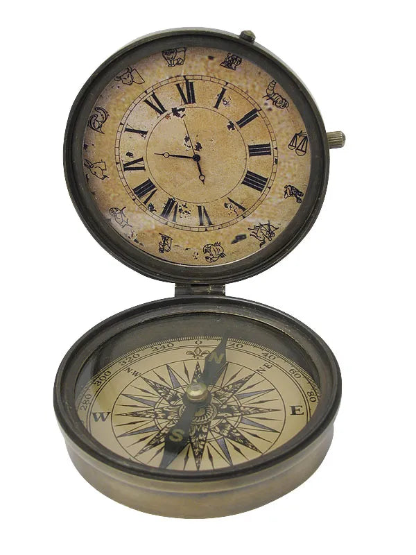 Iránytű órával, antik sárgaréz, Ø: 8,5cm, M: 3/10cm