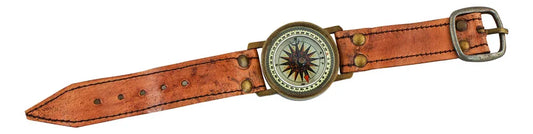 Csukló iránytű, antik sárgaréz és bőr, Ø: 4,3 cm, L: 27,5 cm