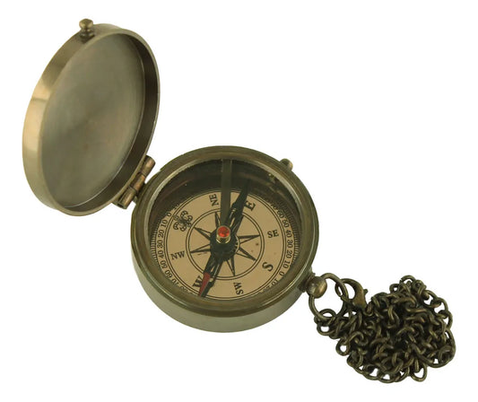Iránytű fedéllel és lánccal, antik sárgaréz, Ø: 5cm, m: 1,8cm
