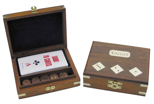 Tarot kártyák és 5 dobókocka fadobozban, 14,5x12x4,5 cm
