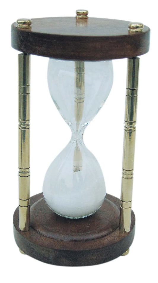 Homokóra, 3 oszlopos, sárgaréz/fa, kb. 5 perc, m: 15 cm, ø: 8 cm