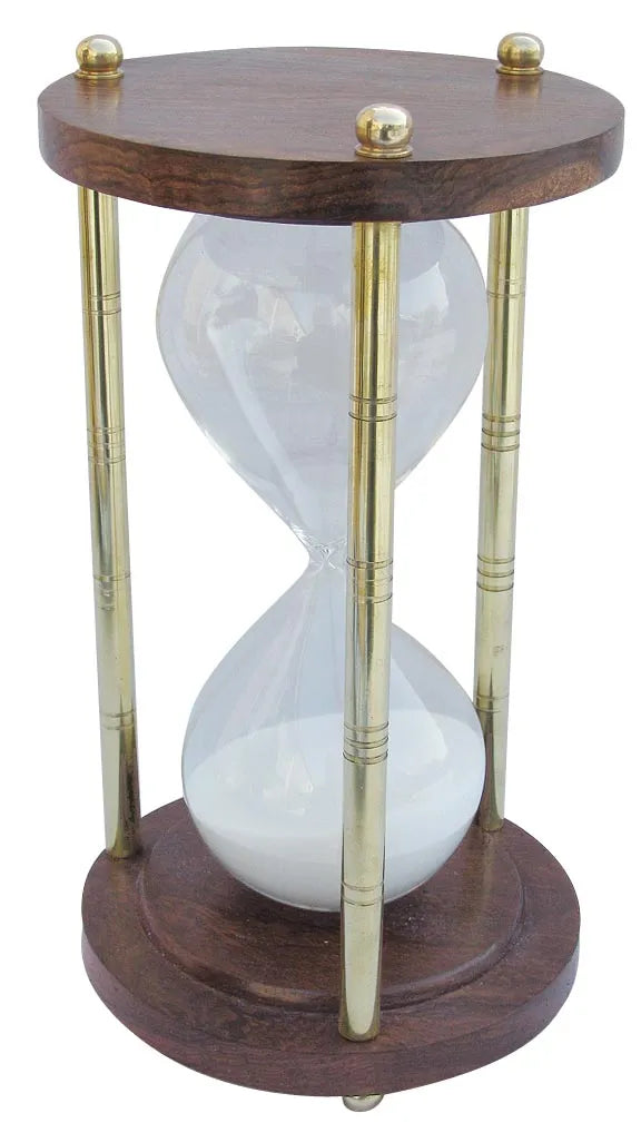 Homokóra, 3 oszlopos, sárgaréz/fa, kb. 60 perc, m: 23cm, ø: 12,5cm