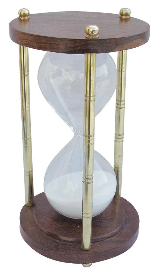 Homokóra, 3 oszlopos, sárgaréz/fa, kb. 60 perc, m: 23cm, ø: 12,5cm