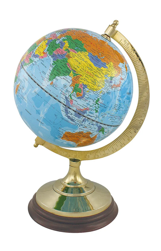 Földgömb, világoskék, réz/fa talppal, M: 34cm, Ø: 20/16,5cm